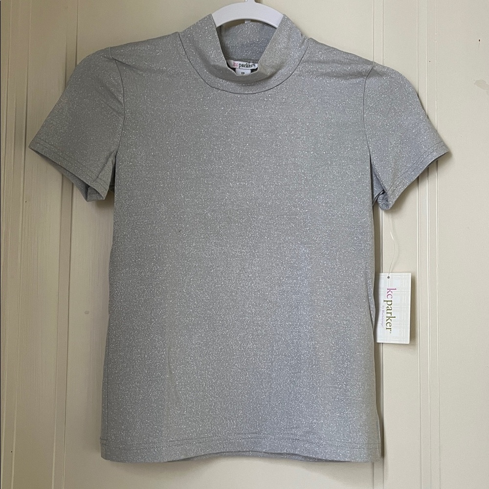 KC Parker Silver Tneck Short Sleeve Size 12 Glitzy Knit Mock Neck Top NWT